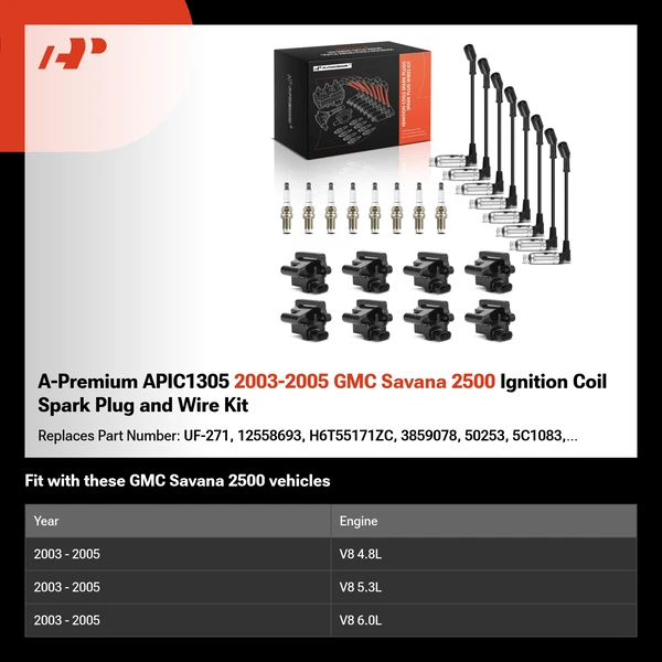 A-Premium APIC1305 2003-2005 GMC Savana 2500 Ignition Coil Spark Plug and Wire Kit