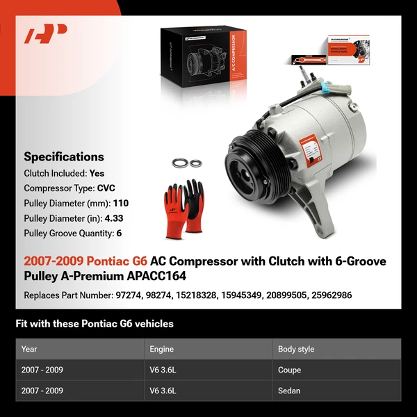 2007-2009 Pontiac G6 AC Compressor with Clutch with 6-Groove Pulley A-Premium APACC164