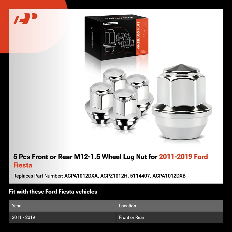 5 Pcs Front or Rear M12-1.5 Wheel Lug Nut for 2011-2019 Ford Fiesta