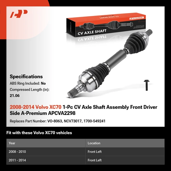 2008-2014 Volvo XC70 1-Pc CV Axle Shaft Assembly Front Driver Side A-Premium APCVA2298