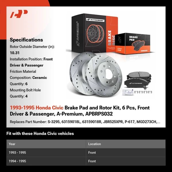 1993-1995 Honda Civic Brake Pad and Rotor Kit, 6 Pcs, Front Driver & Passenger, A-Premium, APBRPS032