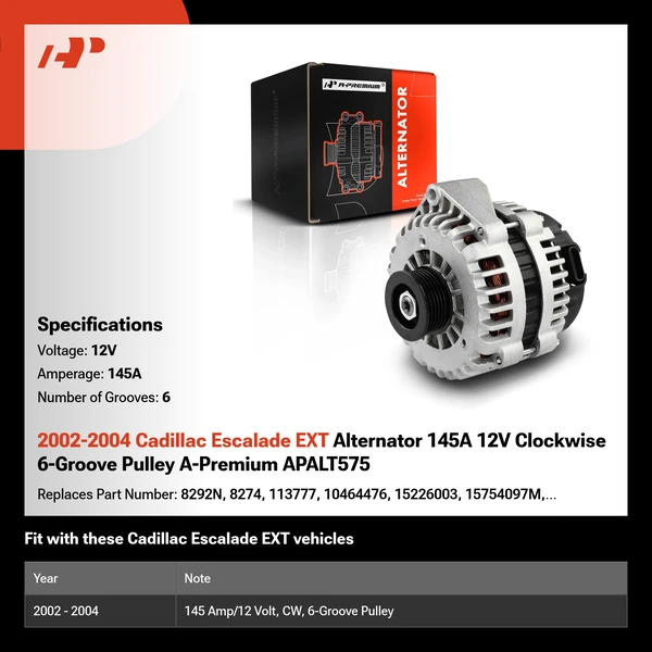 2002-2004 Cadillac Escalade EXT Alternator 145A 12V Clockwise 6-Groove Pulley A-Premium APALT575
