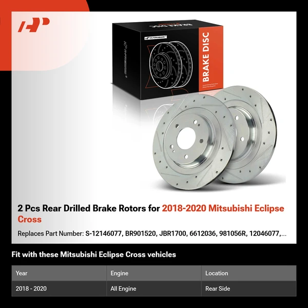 2 Pcs Rear Drilled Brake Rotors for 2018-2020 Mitsubishi Eclipse Cross