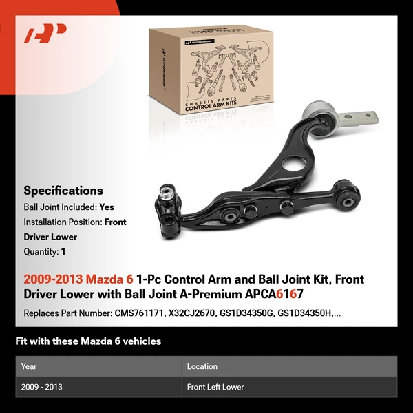 2009-2013 Mazda 6 1-Pc Control Arm and Ball Joint Kit, Front Driver Lower with Ball Joint A-Premium APCA6167