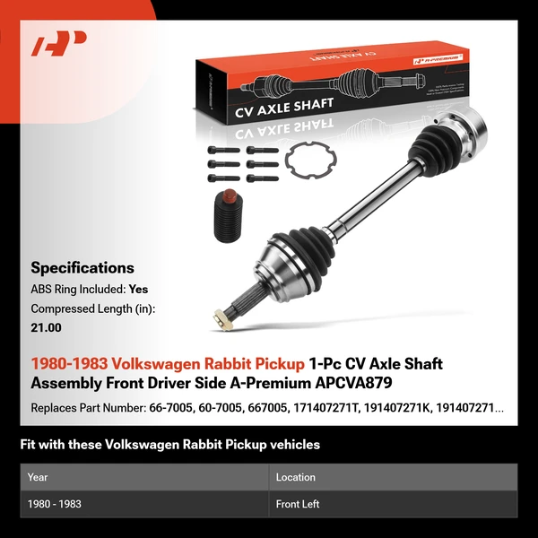 1980-1983 Volkswagen Rabbit Pickup 1-Pc CV Axle Shaft Assembly Front Driver Side A-Premium APCVA879