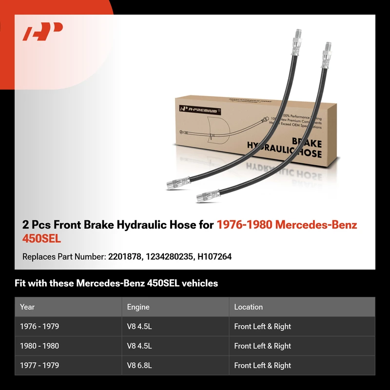 2 Pcs Front Brake Hydraulic Hose for 1976-1980 Mercedes-Benz 450SEL