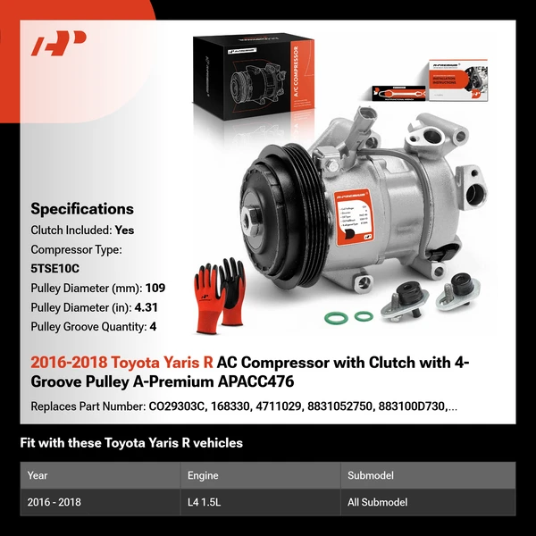 2016-2018 Toyota Yaris R AC Compressor with Clutch with 4-Groove Pulley A-Premium APACC476