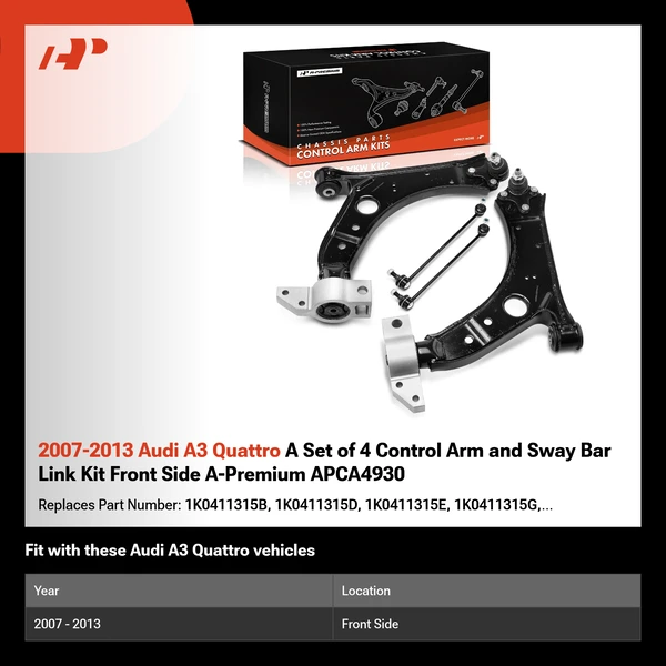 2007-2013 Audi A3 Quattro A Set of 4 Control Arm and Sway Bar Link Kit Front Side A-Premium APCA4930