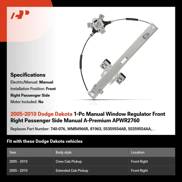 2005-2010 Dodge Dakota 1-Pc Manual Window Regulator Front Right Passenger Side Manual A-Premium APWR2760