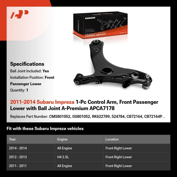 2011-2014 Subaru Impreza 1-Pc Control Arm, Front Passenger Lower with Ball Joint A-Premium APCA7178