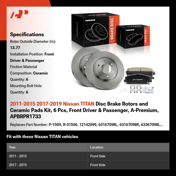 2011-2015 2017-2019 Nissan TITAN Disc Brake Rotors and Ceramic Pads Kit, 6 Pcs, Front Driver & Passenger, A-Premium, APBRPR1733