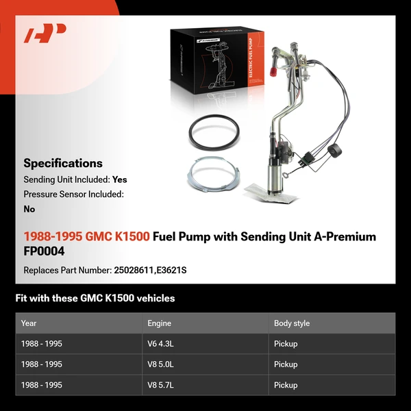 1988-1995 GMC K1500 Fuel Pump with Sending Unit A-Premium FP0004