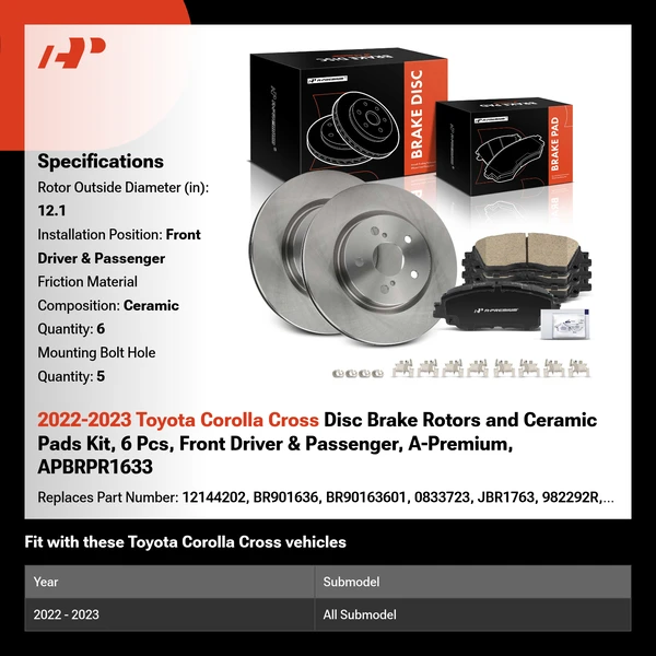 2022-2023 Toyota Corolla Cross Disc Brake Rotors and Ceramic Pads Kit, 6 Pcs, Front Driver & Passenger, A-Premium, APBRPR1633