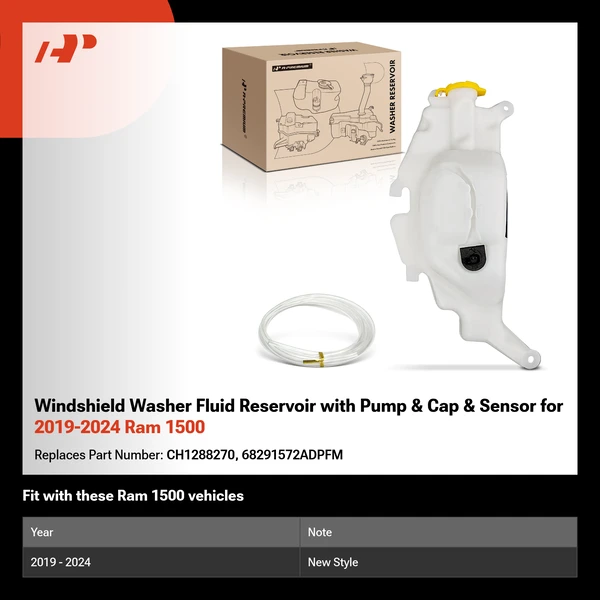 Windshield Washer Fluid Reservoir with Pump & Cap & Sensor for 2019-2024 Ram 1500