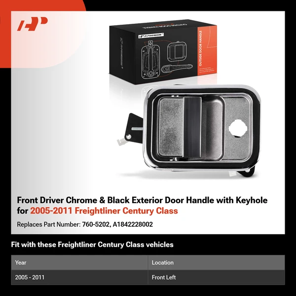 Front Driver Chrome & Black Exterior Door Handle with Keyhole for 2005-2011 Freightliner Century Class