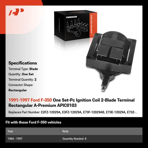 1991-1997 Ford F-350 One Set-Pc Ignition Coil 2-Blade Terminal Rectangular A-Premium APIC0103