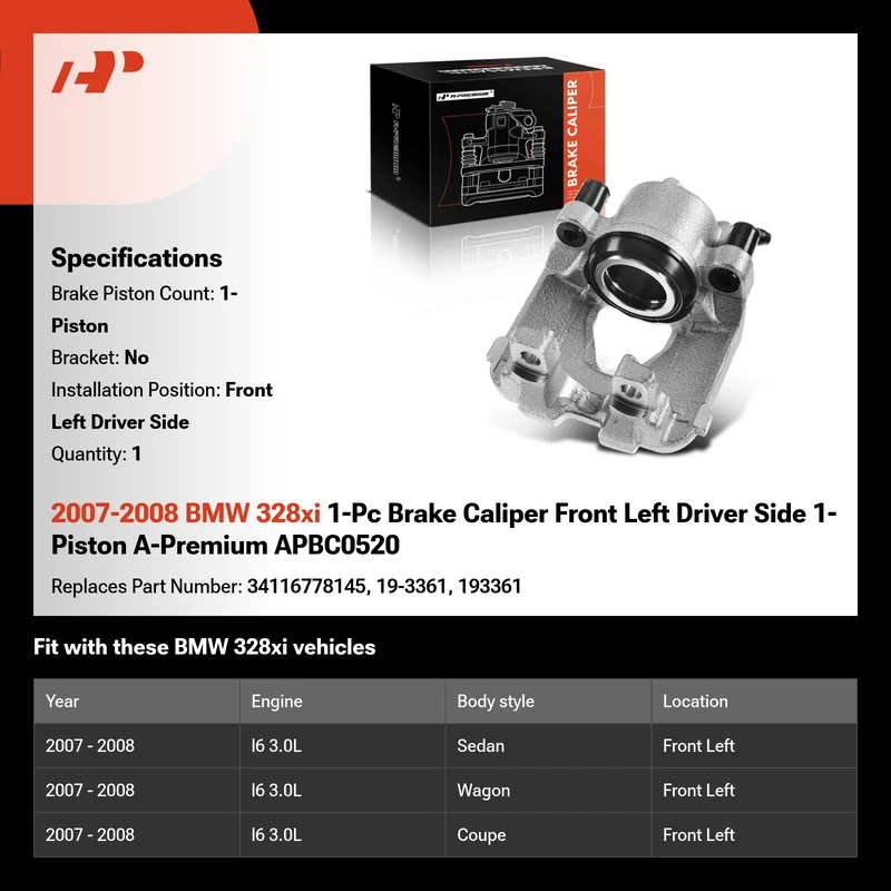 2007-2008 BMW 328xi 1-Pc Brake Caliper Front Left Driver Side 1-Piston A-Premium APBC0520