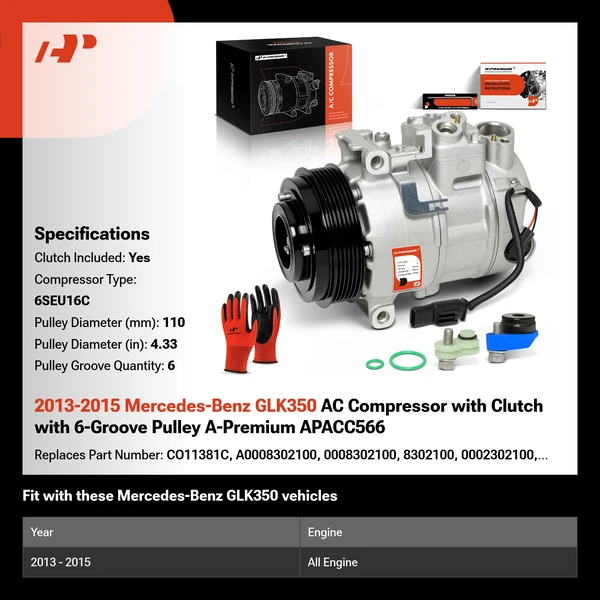 2013-2015 Mercedes-Benz GLK350 AC Compressor with Clutch with 6-Groove Pulley A-Premium APACC566