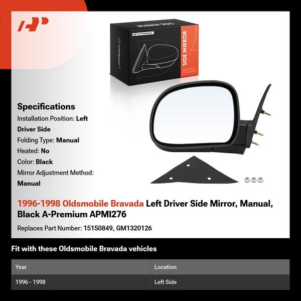 1996-1998 Oldsmobile Bravada Left Driver Side Mirror, Manual, Black A-Premium APMI276