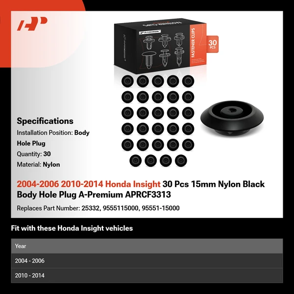 2004-2006 2010-2014 Honda Insight 30 Pcs 15mm Nylon Black Body Hole Plug A-Premium APRCF3313