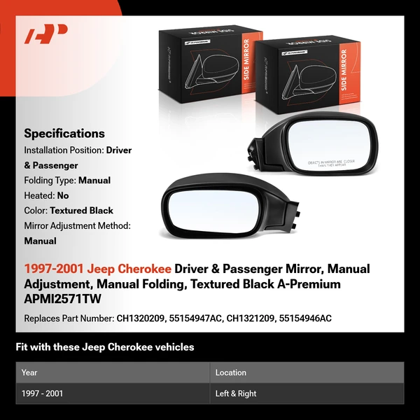 1997-2001 Jeep Cherokee Driver & Passenger Mirror, Manual Adjustment, Manual Folding, Textured Black A-Premium APMI2571TW