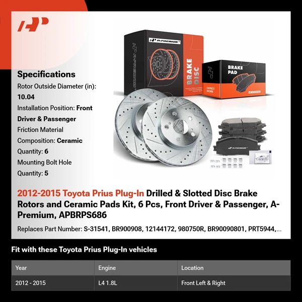 2012-2015 Toyota Prius Plug-In Drilled & Slotted Disc Brake Rotors and Ceramic Pads Kit, 6 Pcs, Front Driver & Passenger, A-Premium, APBRPS686