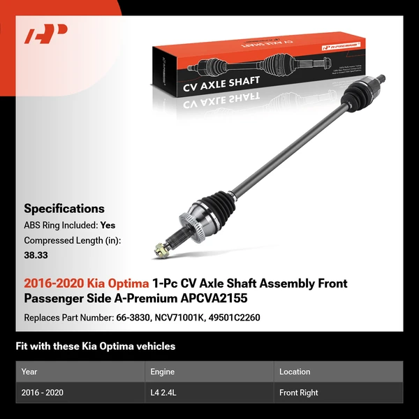 2016-2020 Kia Optima 1-Pc CV Axle Shaft Assembly Front Passenger Side A-Premium APCVA2155