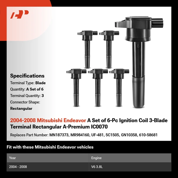 2004-2008 Mitsubishi Endeavor A Set of 6-Pc Ignition Coil 3-Blade Terminal Rectangular A-Premium IC0070