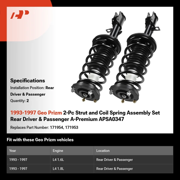 1993-1997 Geo Prizm 2-Pc Strut and Coil Spring Assembly Set Rear Driver & Passenger A-Premium APSA0347