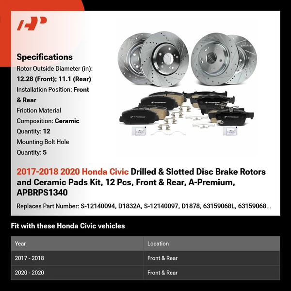 2017-2018 2020 Honda Civic Drilled & Slotted Disc Brake Rotors and Ceramic Pads Kit, 12 Pcs, Front & Rear, A-Premium, APBRPS1340