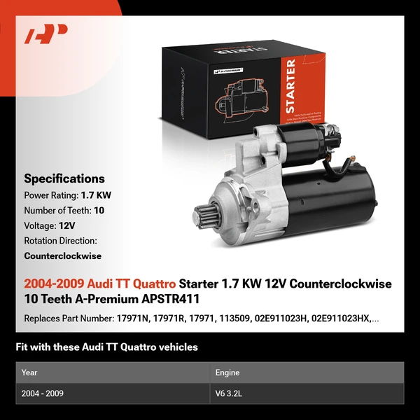 2004-2009 Audi TT Quattro Starter 1.7 KW 12V Counterclockwise 10 Teeth A-Premium APSTR411