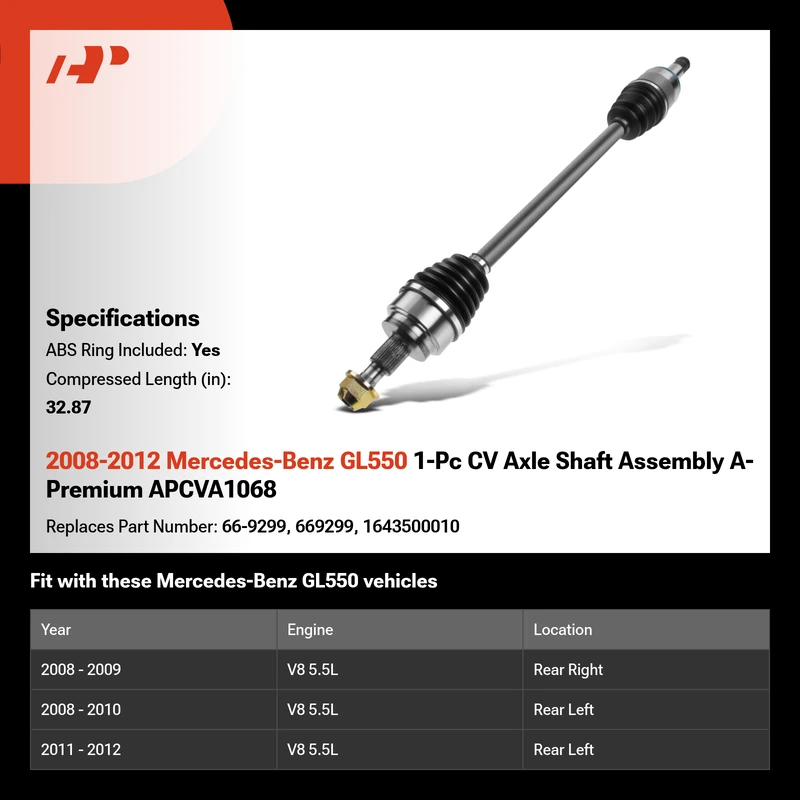 2008-2012 Mercedes-Benz GL550 1-Pc CV Axle Shaft Assembly A-Premium APCVA1068