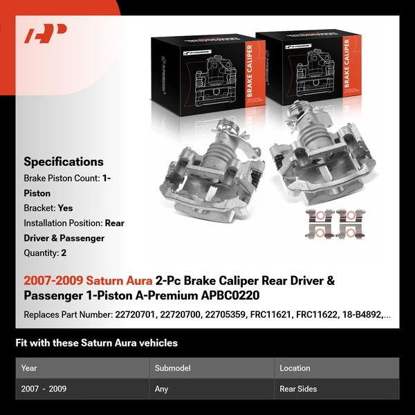 2007-2009 Saturn Aura 2-Pc Brake Caliper Rear Driver & Passenger 1-Piston A-Premium APBC0220