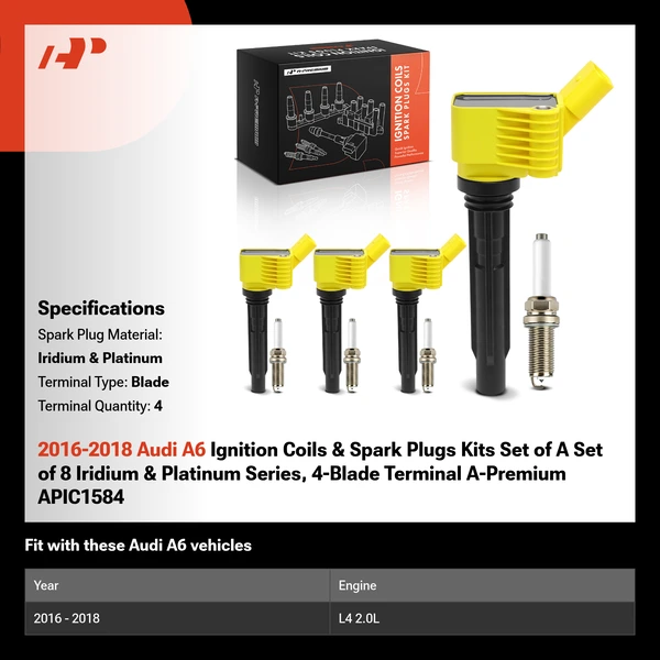 2016-2018 Audi A6 Ignition Coils & Spark Plugs Kits Set of A Set of 8 Iridium & Platinum Series, 4-Blade Terminal A-Premium APIC1584