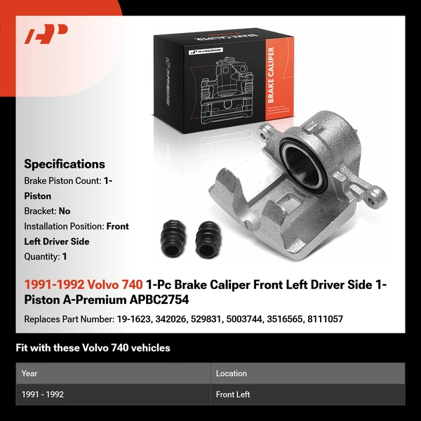 1991-1992 Volvo 740 1-Pc Brake Caliper Front Left Driver Side 1-Piston A-Premium APBC2754