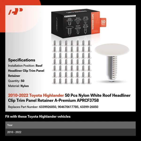 2010-2022 Toyota Highlander 50 Pcs Nylon White Roof Headliner Clip Trim Panel Retainer A-Premium APRCF3758