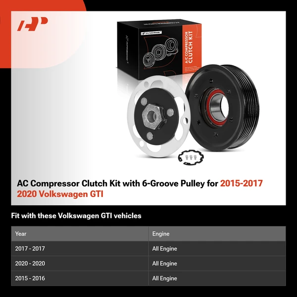 AC Compressor Clutch Kit with 6-Groove Pulley for 2015-2017 2020 Volkswagen GTI