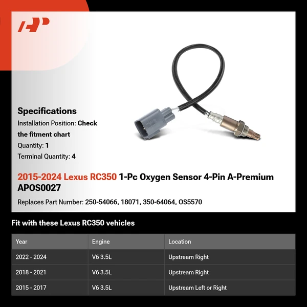 2015-2024 Lexus RC350 1-Pc Oxygen Sensor 4-Pin A-Premium APOS0027