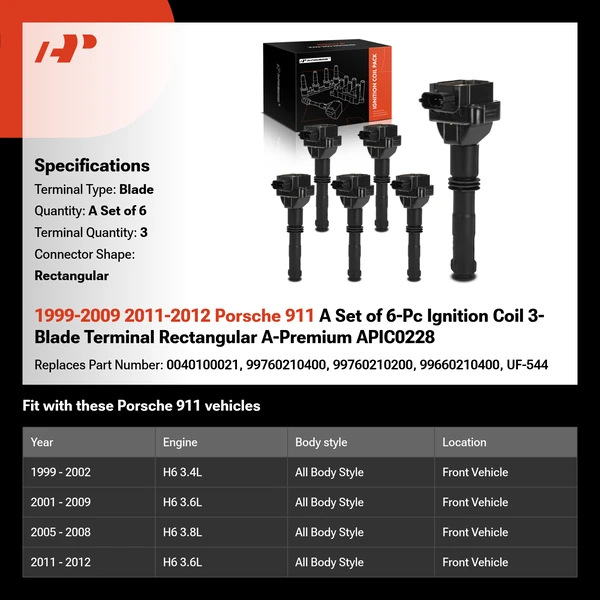 1999-2009 2011-2012 Porsche 911 A Set of 6-Pc Ignition Coil 3-Blade Terminal Rectangular A-Premium APIC0228