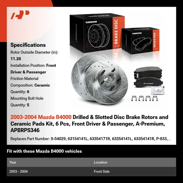 2003-2004 Mazda B4000 Drilled & Slotted Disc Brake Rotors and Ceramic Pads Kit, 6 Pcs, Front Driver & Passenger, A-Premium, APBRPS346