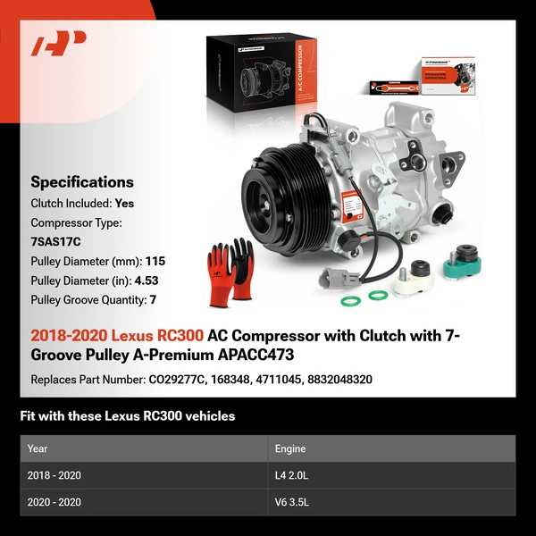 2018-2020 Lexus RC300 AC Compressor with Clutch with 7-Groove Pulley A-Premium APACC473