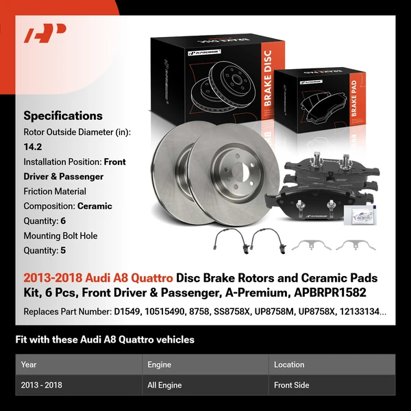 2013-2018 Audi A8 Quattro Disc Brake Rotors and Ceramic Pads Kit, 6 Pcs, Front Driver & Passenger, A-Premium, APBRPR1582
