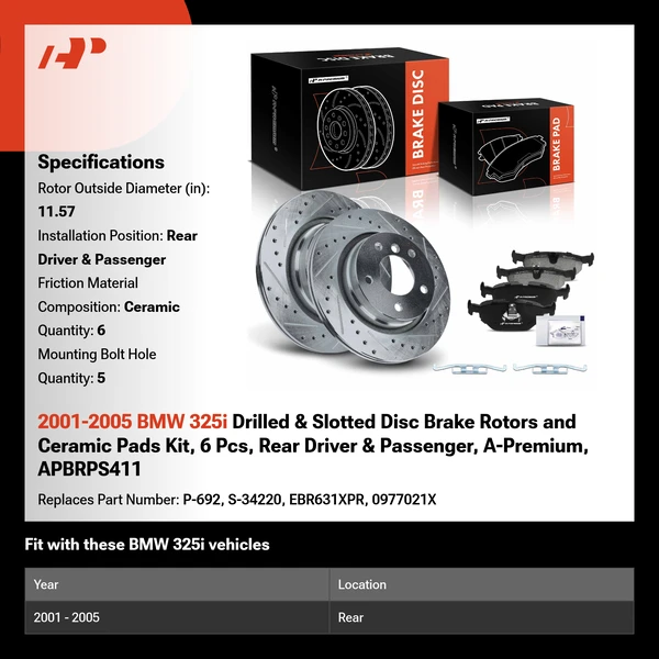 2001-2005 BMW 325i Drilled & Slotted Disc Brake Rotors and Ceramic Pads Kit, 6 Pcs, Rear Driver & Passenger, A-Premium, APBRPS411