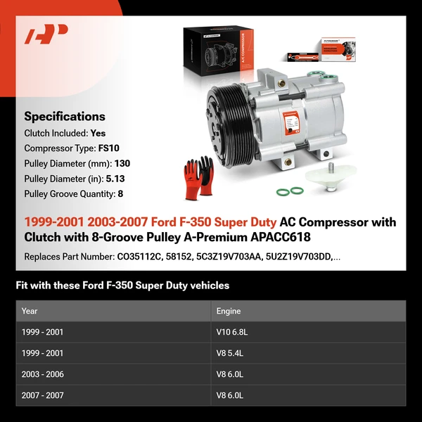 1999-2001 2003-2007 Ford F-350 Super Duty AC Compressor with Clutch with 8-Groove Pulley A-Premium APACC618