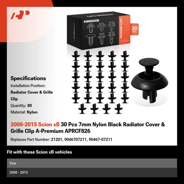 2008-2015 Scion xB 30 Pcs 7mm Nylon Black Radiator Cover & Grille Clip A-Premium APRCF826