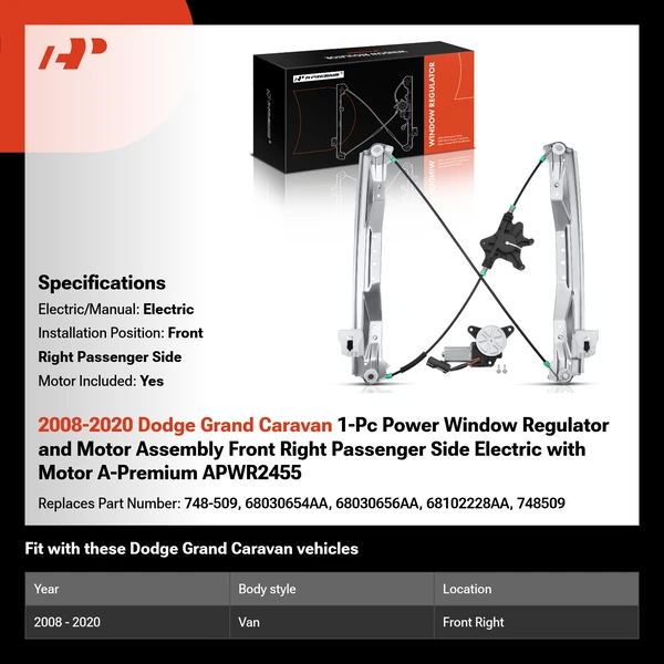 2008-2020 Dodge Grand Caravan 1-Pc Power Window Regulator and Motor Assembly Front Right Passenger Side Electric with Motor A-Premium APWR2455