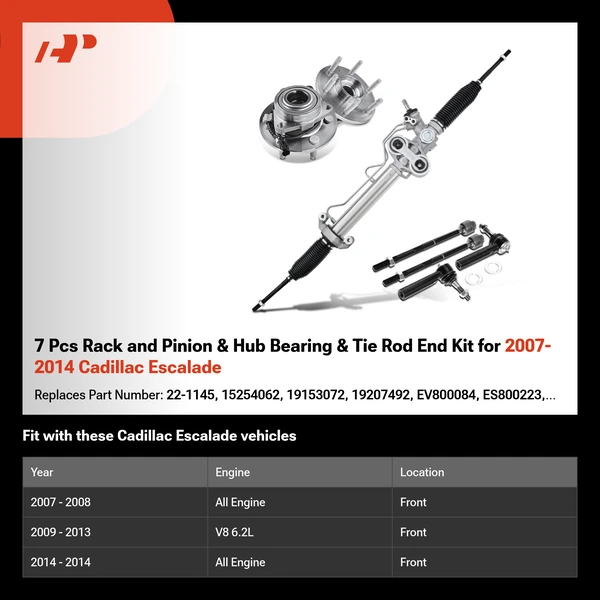 7 Pcs Rack and Pinion & Hub Bearing & Tie Rod End Kit for 2007-2014 Cadillac Escalade