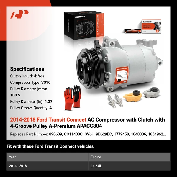 2014-2018 Ford Transit Connect AC Compressor with Clutch with 4-Groove Pulley A-Premium APACC804