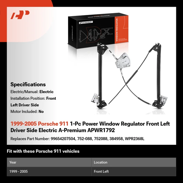 1999-2005 Porsche 911 1-Pc Power Window Regulator Front Left Driver Side Electric A-Premium APWR1792