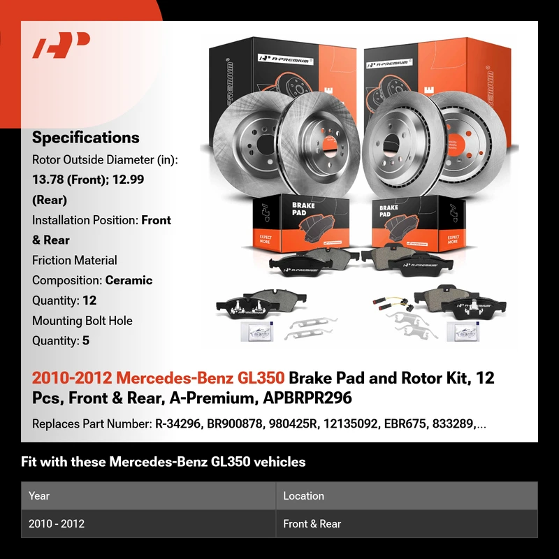 2010-2012 Mercedes-Benz GL350 Brake Pad and Rotor Kit, 12 Pcs, Front & Rear, A-Premium, APBRPR296